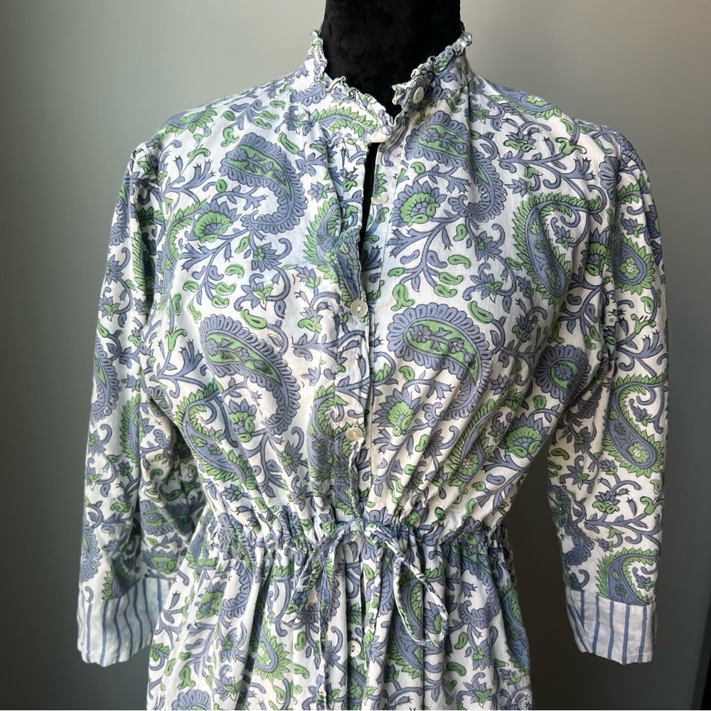 Women’s Paisley Drawstring Waist Dress in White, Green & Blue - Picture 10 of 12